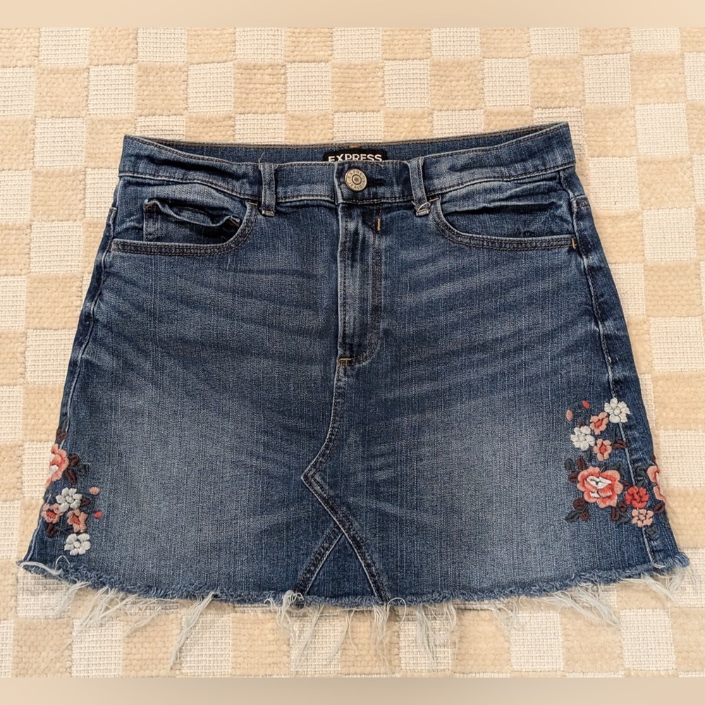 Express Blue Denim Mini Skirt with Floral Design